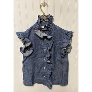 CHRISTY LYNN Marfa Blue Cotton Poplin Ruffled Top Shirt Womens Size Extra Small